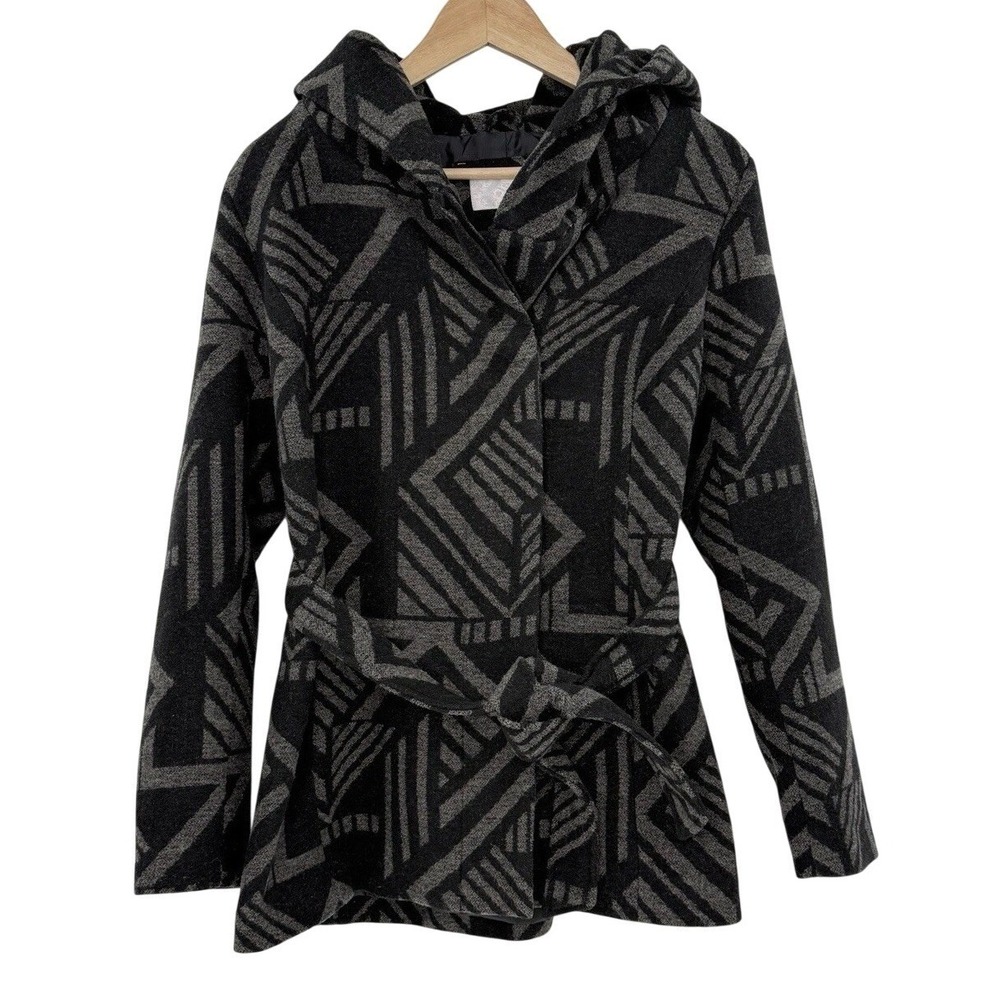 Xhilaration Gray Black Hooded Wo Blend  Pea Coat Sz M Lined Aztec Boho Western‎